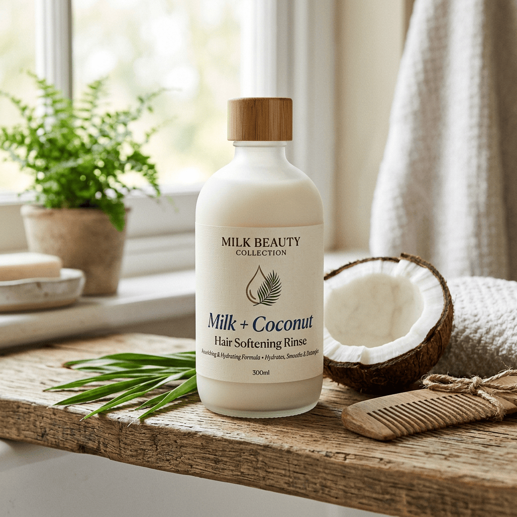 Milk Beauty Collection Milk + Coconut Hair Softening Rinse bottle beside coconut and wooden comb