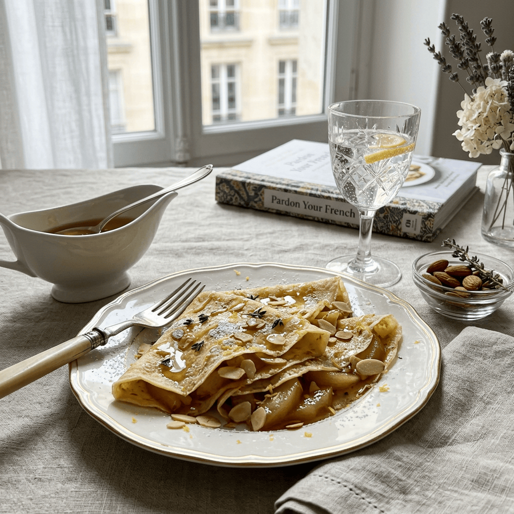 Plate of crepes with pears, almonds, syrup, and powdered sugar beside a window
