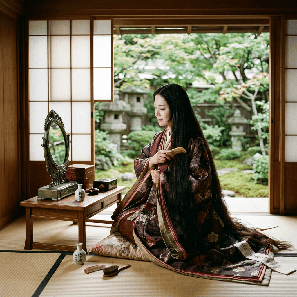 Woman in kimono brushing long hair in a traditional Japanese room