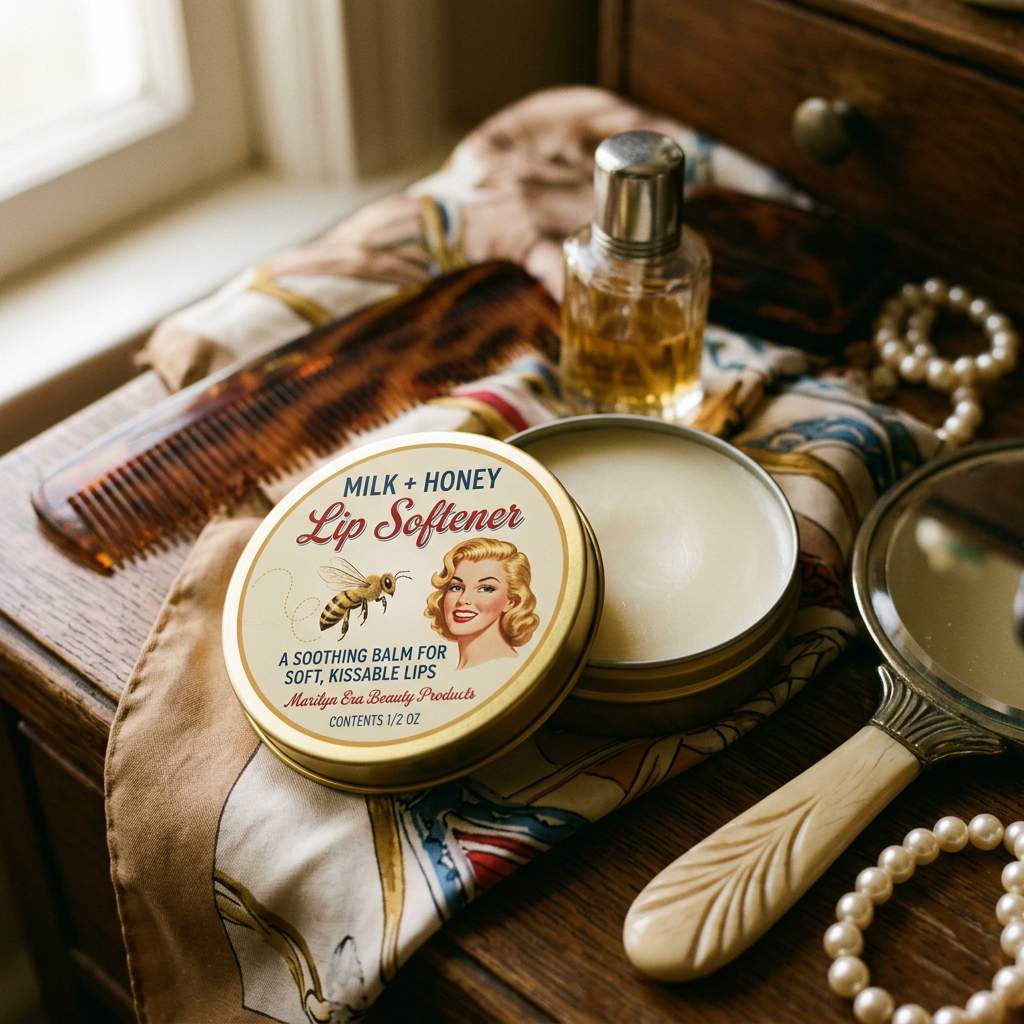 Milk + Honey Lip Softener; A Soothing Balm for Soft, Kissable Lips; Marilyn Gallo Beauty Products; Contents 1/2 Oz, beside a comb, perfume, mirror, and pearls