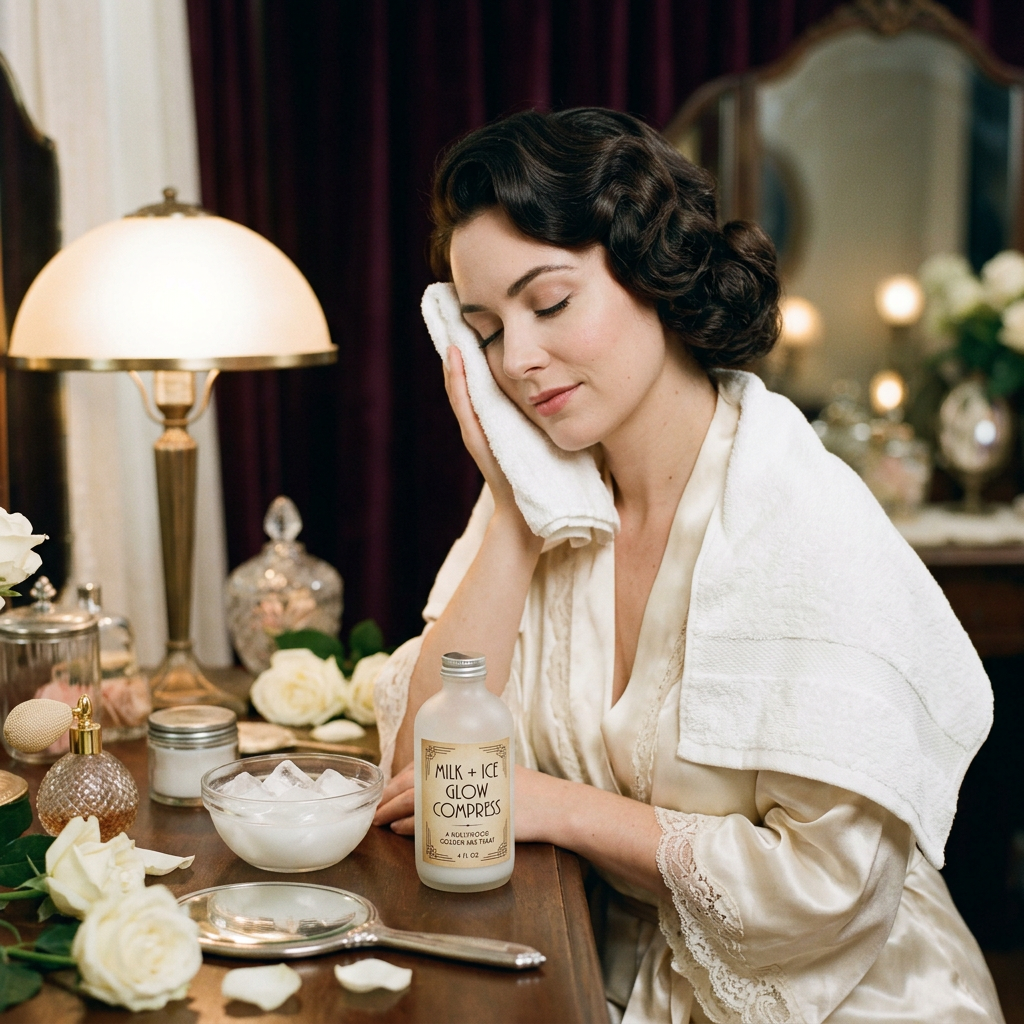 Woman holding a cold towel beside a bottle labeled “MILK + ICE GLOW COMPRESS” and ice bowl