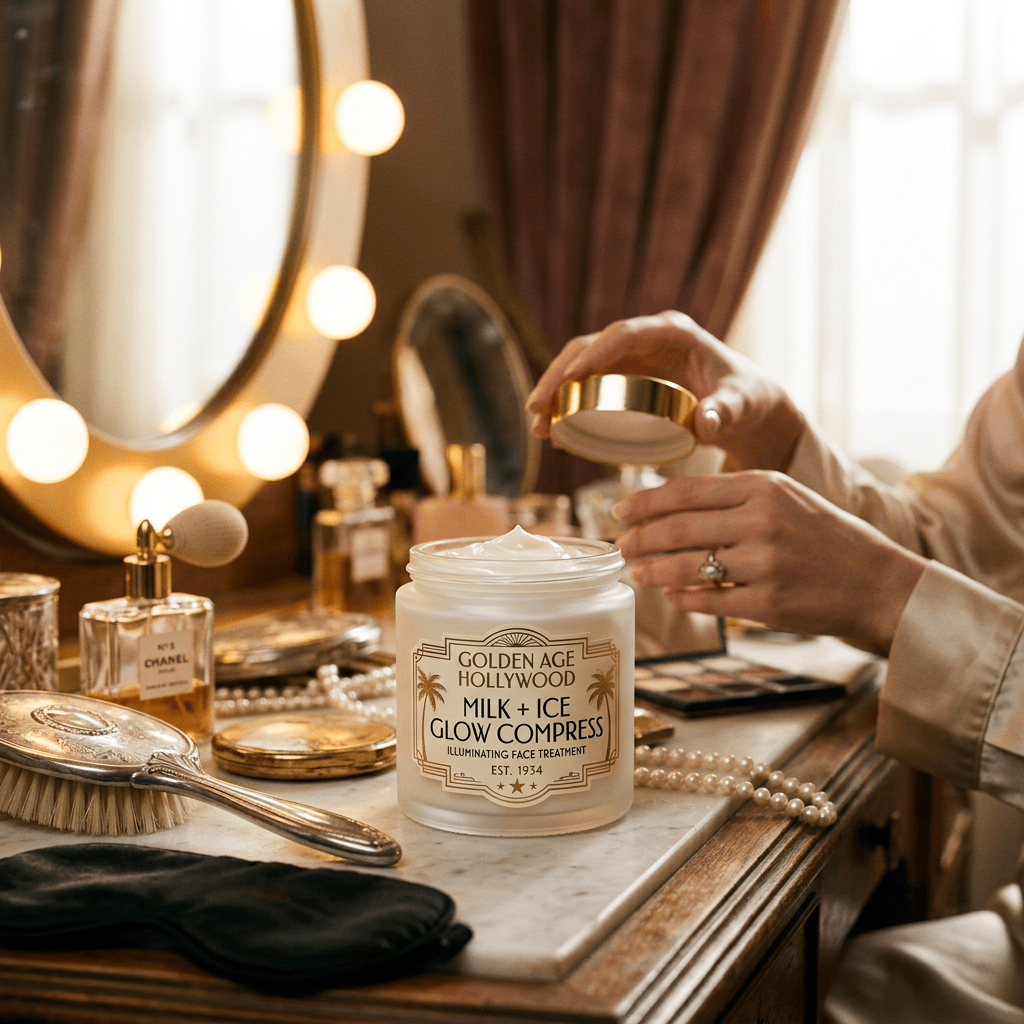 Golden Age Hollywood Milk + Ice Glow Compress skincare jar beside Chanel No. 5 perfume