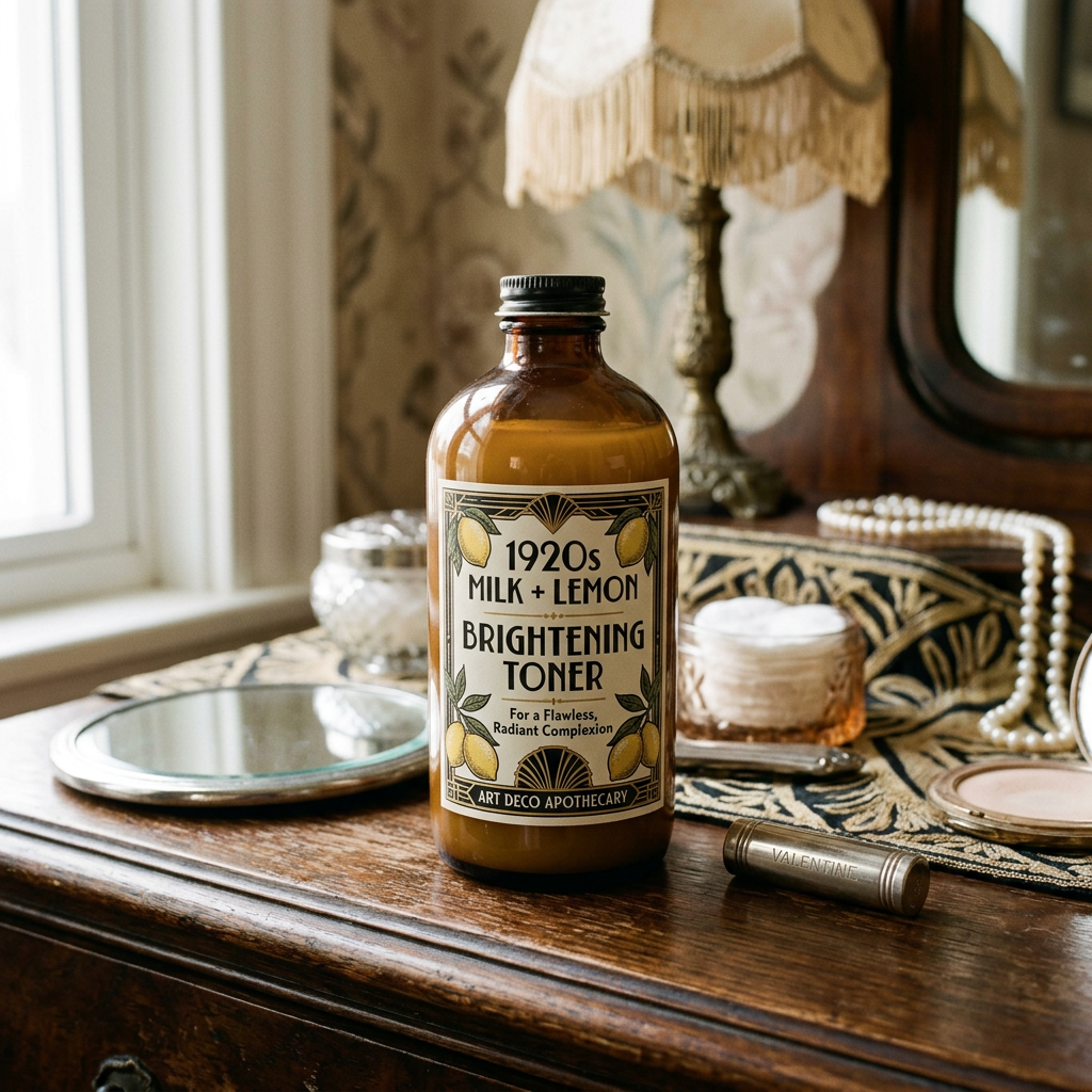 Amber bottle labeled "1920s Milk + Lemon Brightening Toner" on a wooden vanity