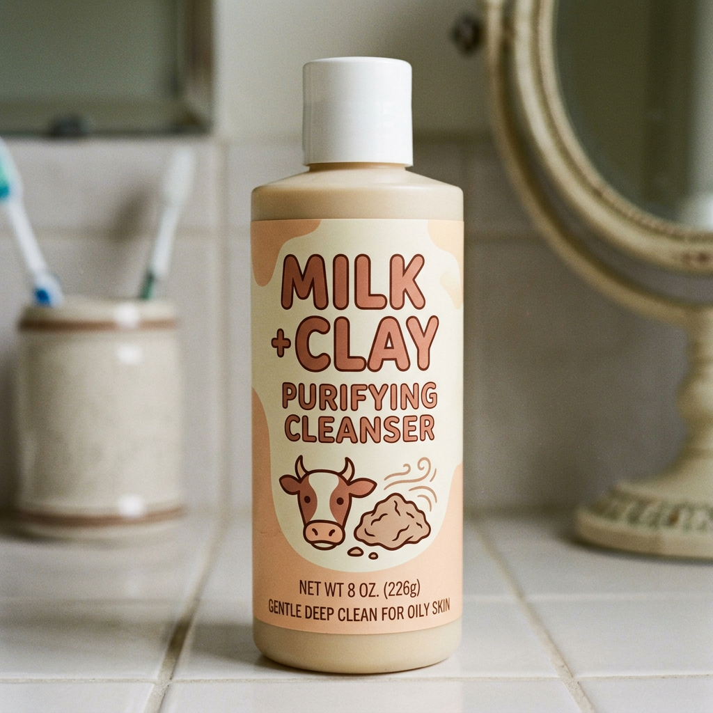 Milk + Clay Purifying Cleanser bottle labeled gentle deep clean for oily skin