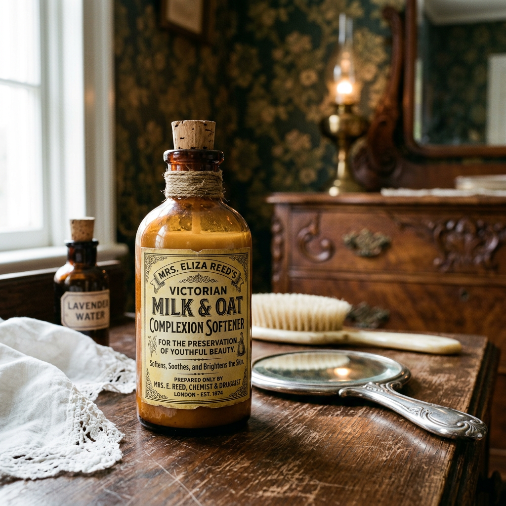 Bottle labeled “Mrs. Eliza Reed’s Victorian Milk & Oat Complexion Softener,” “For the Preservation of Youthful Beauty,” “Softens, Soothes, and Brightens the Skin,” “Prepared Only by Mrs. E. Reed, Chemist & Druggist,” “London—Est. 1874”; smaller bottle labeled “Lavender Water.”