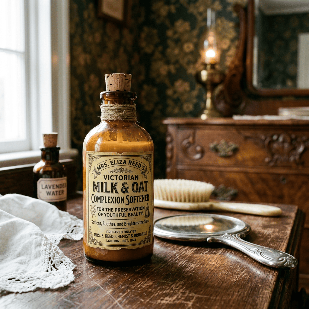 Bottle labeled “Mrs. Eliza Reed’s Victorian Milk & Oat Complexion Softener,” “For the Preservation of Youthful Beauty,” “Softens, Soothes, and Brightens the Skin,” “Prepared Only by Mrs. E. Reed, Chemist & Druggist,” “London—Est. 1874”; smaller bottle labeled “Lavender Water.”