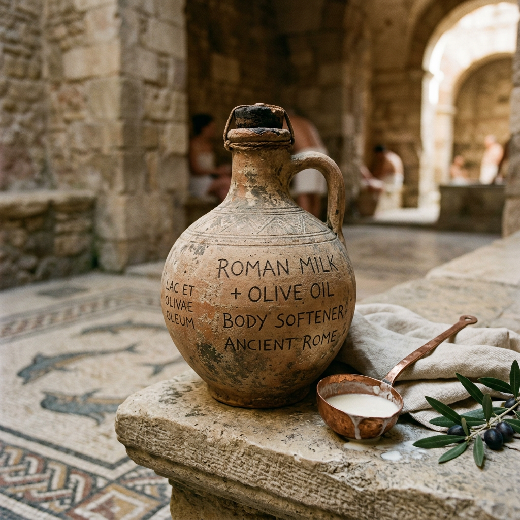 Ancient vessel labeled Roman milk and olive oil body softener