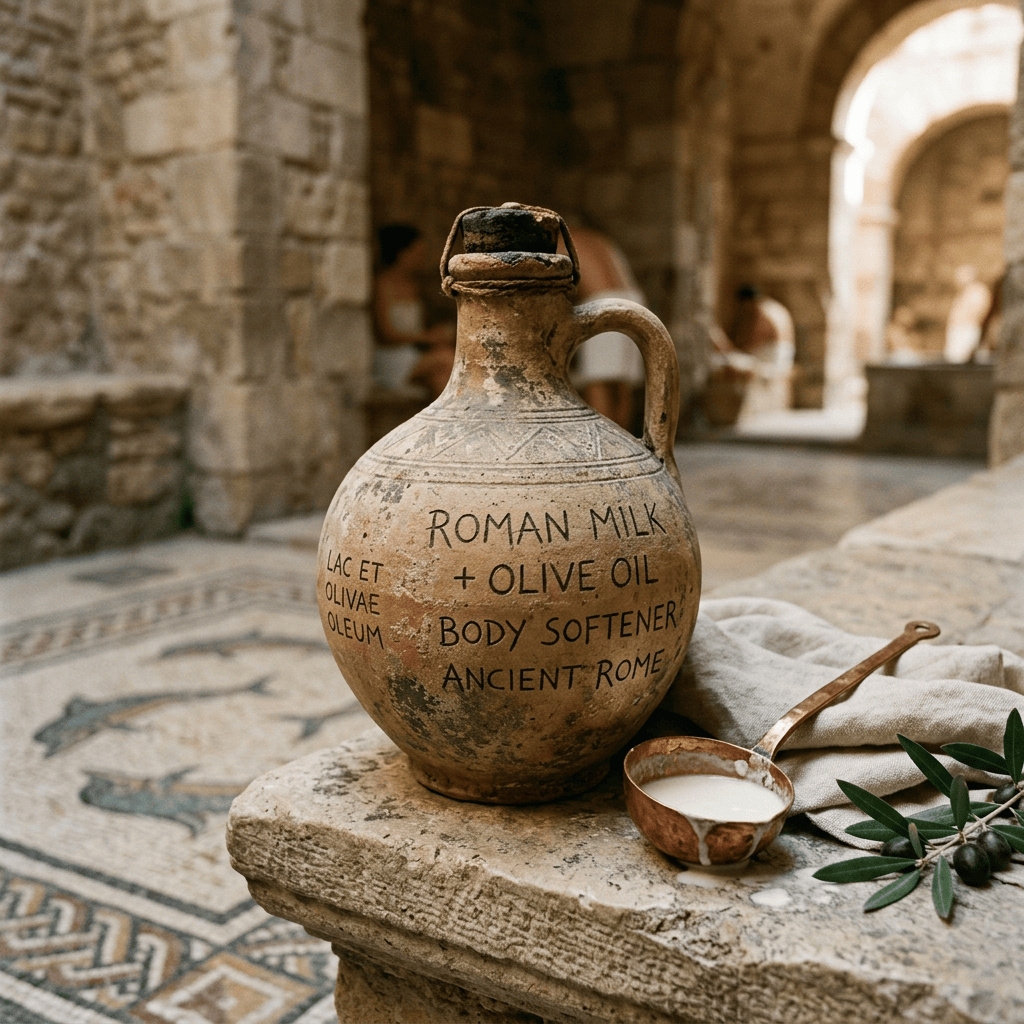 Ancient vessel labeled Roman milk and olive oil body softener