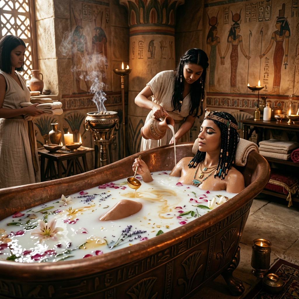 Woman receiving a milk bath in an ancient Egyptian-inspired room