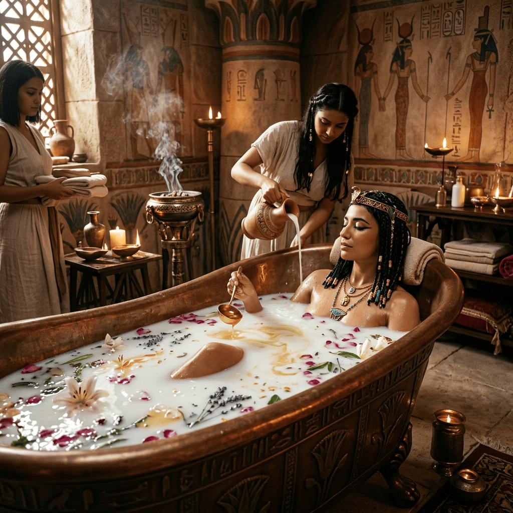 Woman receiving a milk bath in an ancient Egyptian-inspired room