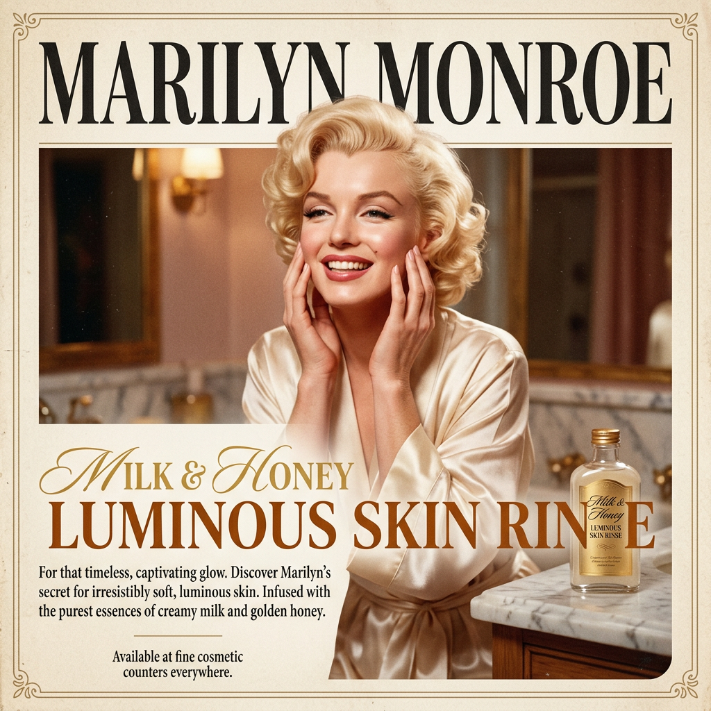 Advertisement reading MARILYN MONROE, MILK & HONEY, LUMINOUS SKIN RINSE, and describing soft luminous skin with creamy milk and golden honey; bottle shown at right.