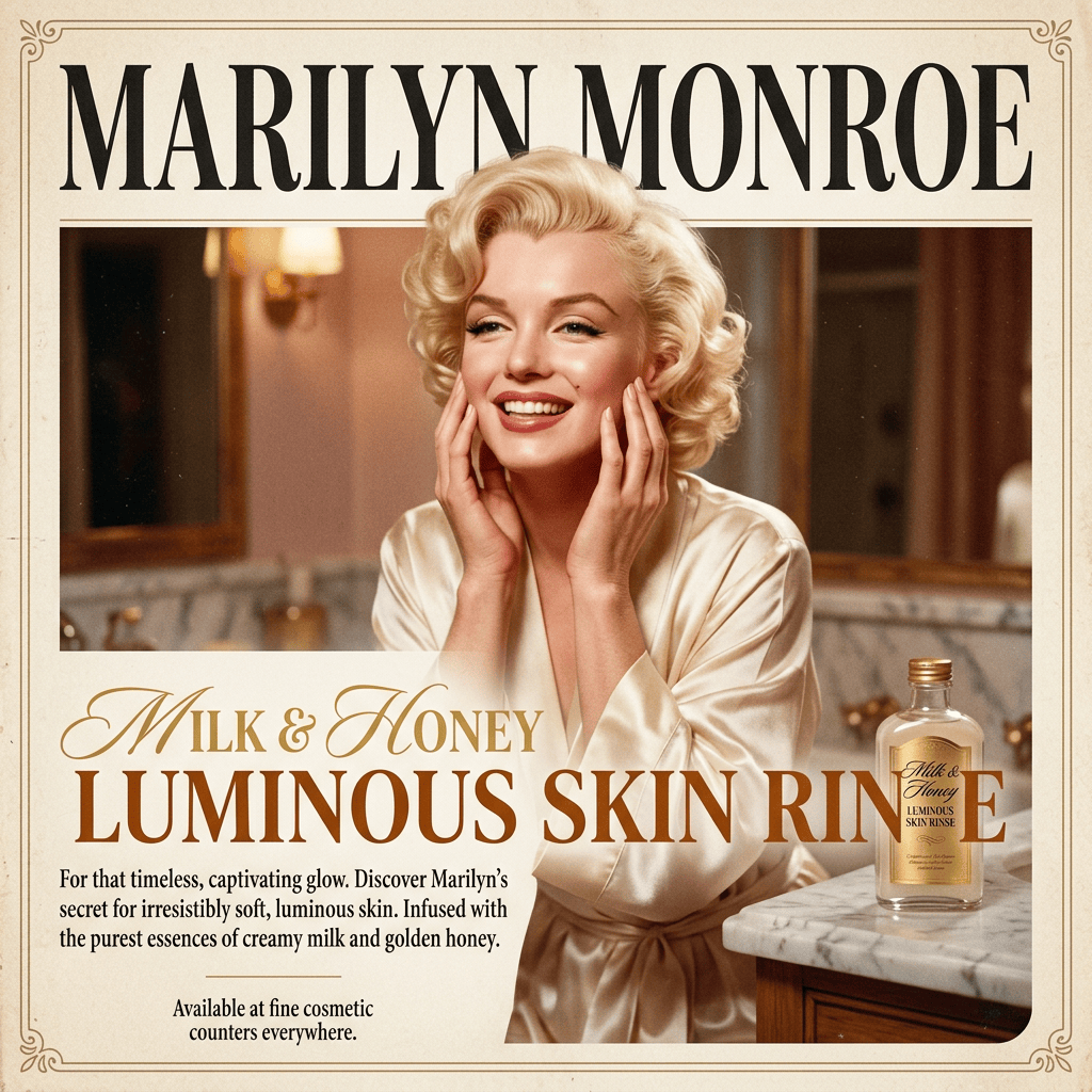 Advertisement reading MARILYN MONROE, MILK & HONEY, LUMINOUS SKIN RINSE, and describing soft luminous skin with creamy milk and golden honey; bottle shown at right.