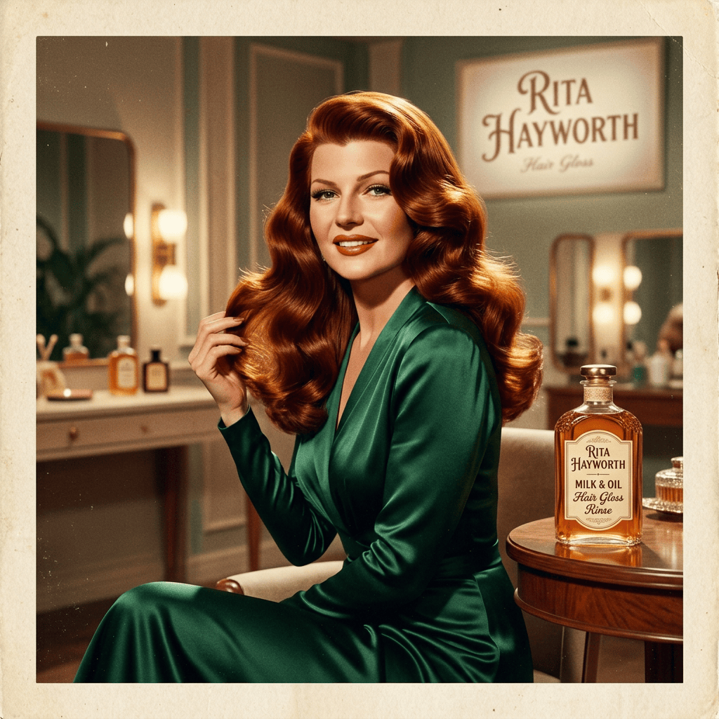 Rita Hayworth portrait beside a bottle labeled Milk & Oil Hair Gloss Rinse
