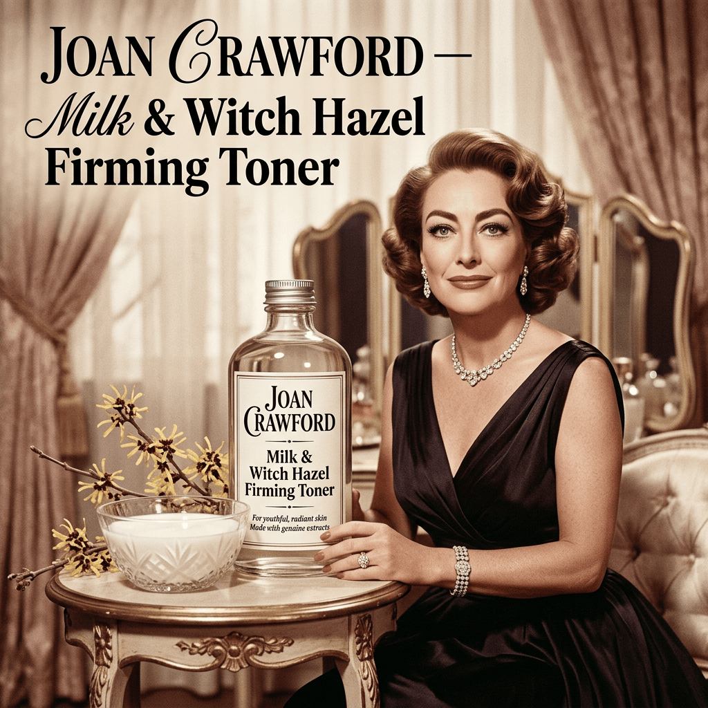 Joan Crawford Milk & Witch Hazel Firming Toner advertisement with woman, bottle, and milk bowl