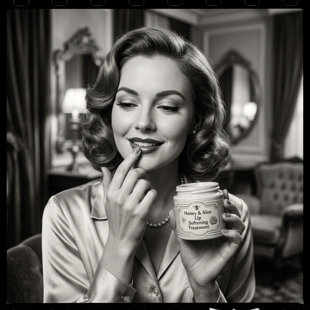 Woman applying lip balm from jar labeled “Honey & Aloe Lip Softening Treatment”