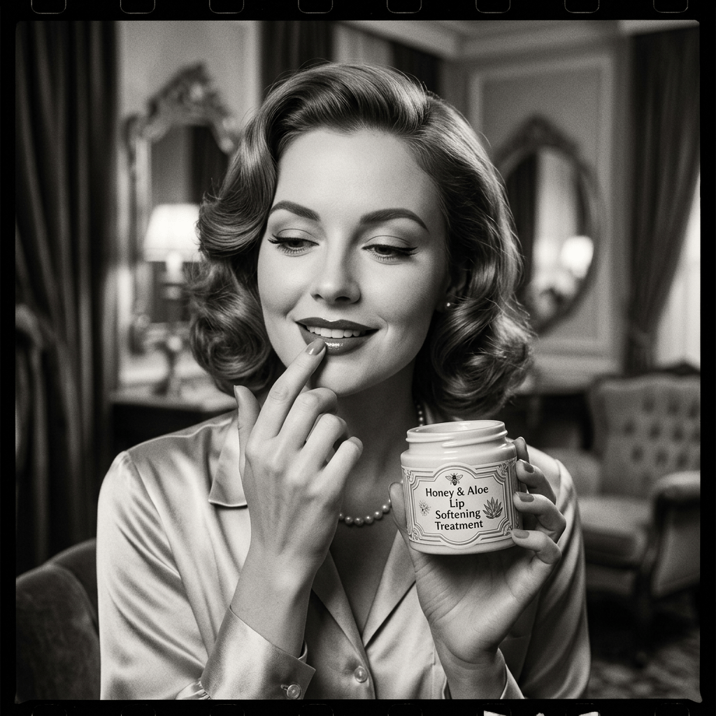 Woman applying lip balm from jar labeled “Honey & Aloe Lip Softening Treatment”