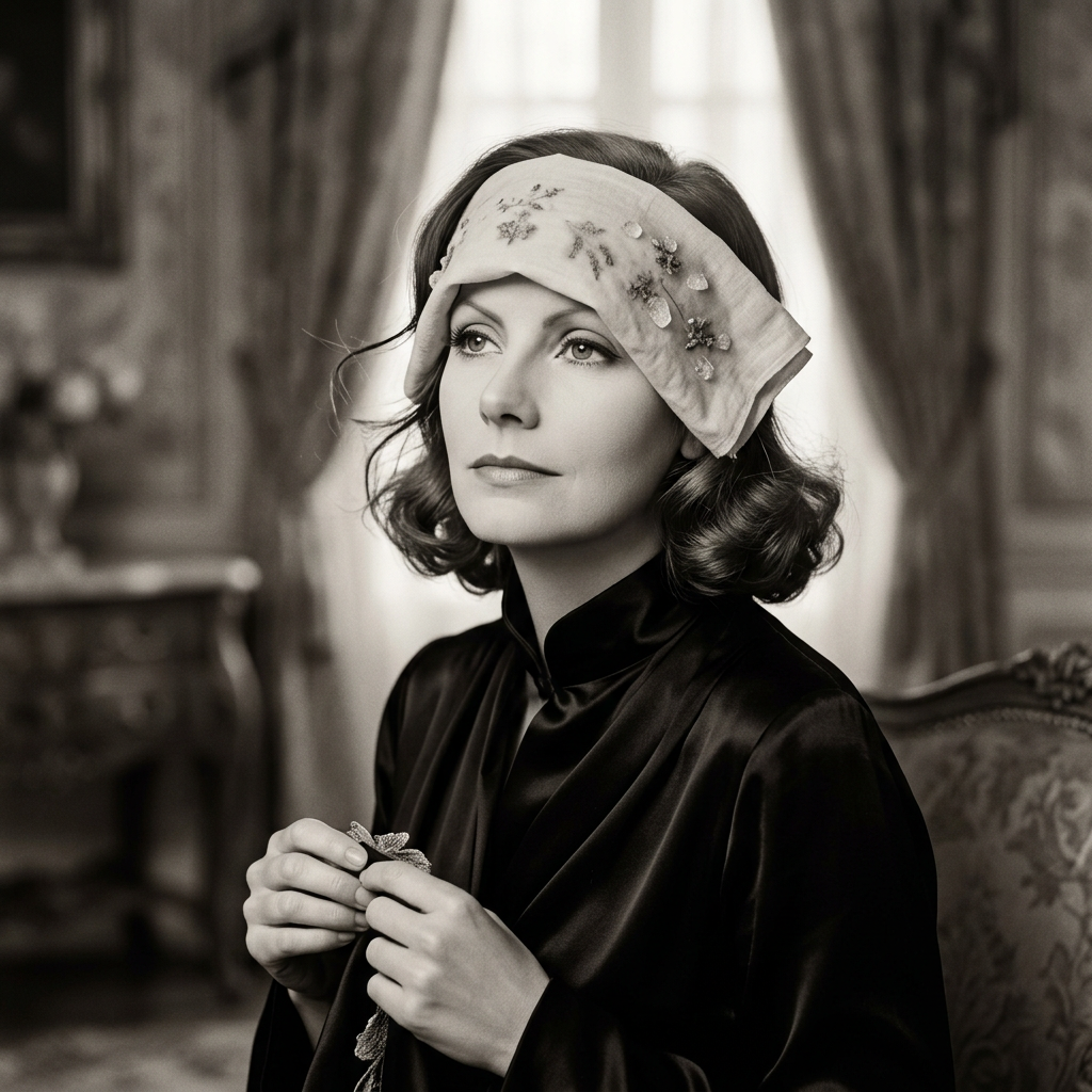 Woman wearing a jeweled headscarf and black satin dress indoors