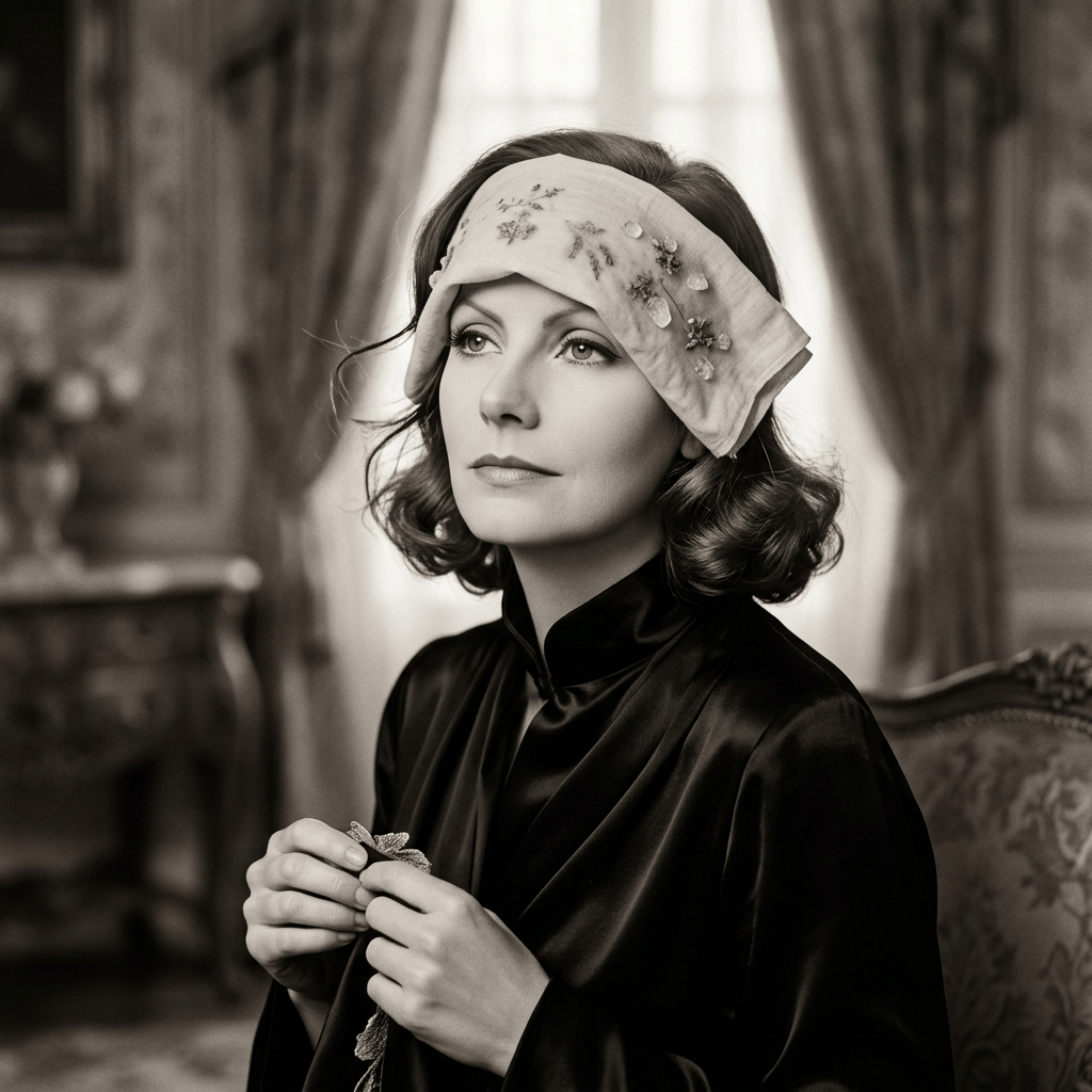 Woman wearing a jeweled headscarf and black satin dress indoors