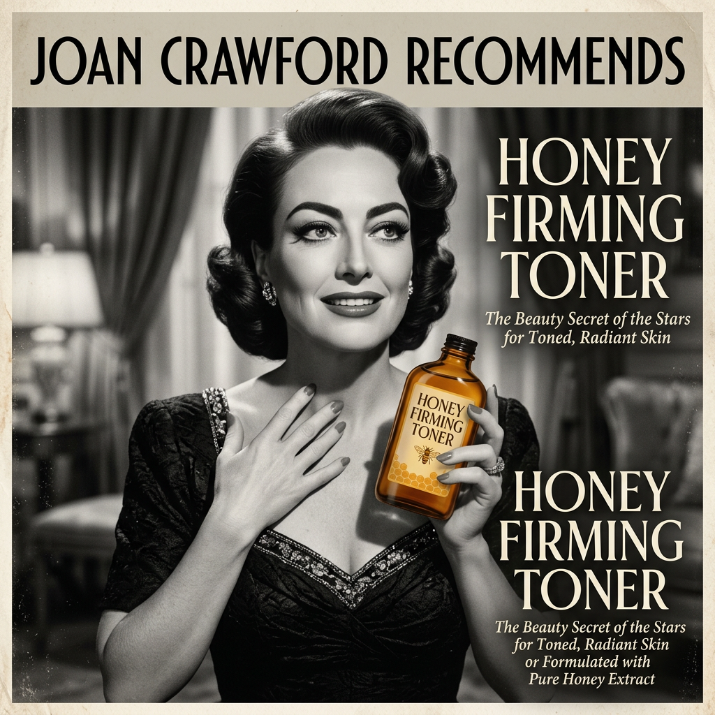 Advertisement text reads “JOAN CRAWFORD RECOMMENDS,” “HONEY FIRMING TONER,” and “The Beauty Secret of the Stars for Toned, Radiant Skin,” alongside a woman holding a honey toner bottle.