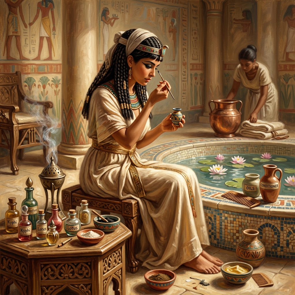Ancient Egyptian woman applying makeup beside a lotus-filled pool