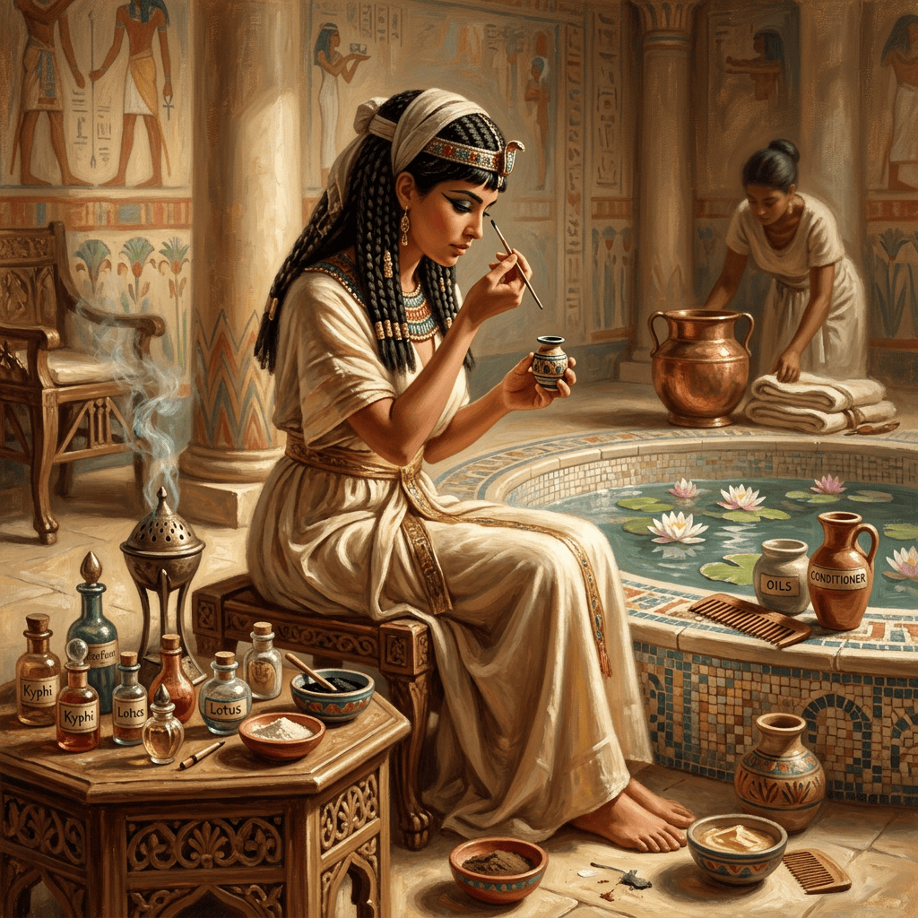 Ancient Egyptian woman applying makeup beside a lotus-filled pool