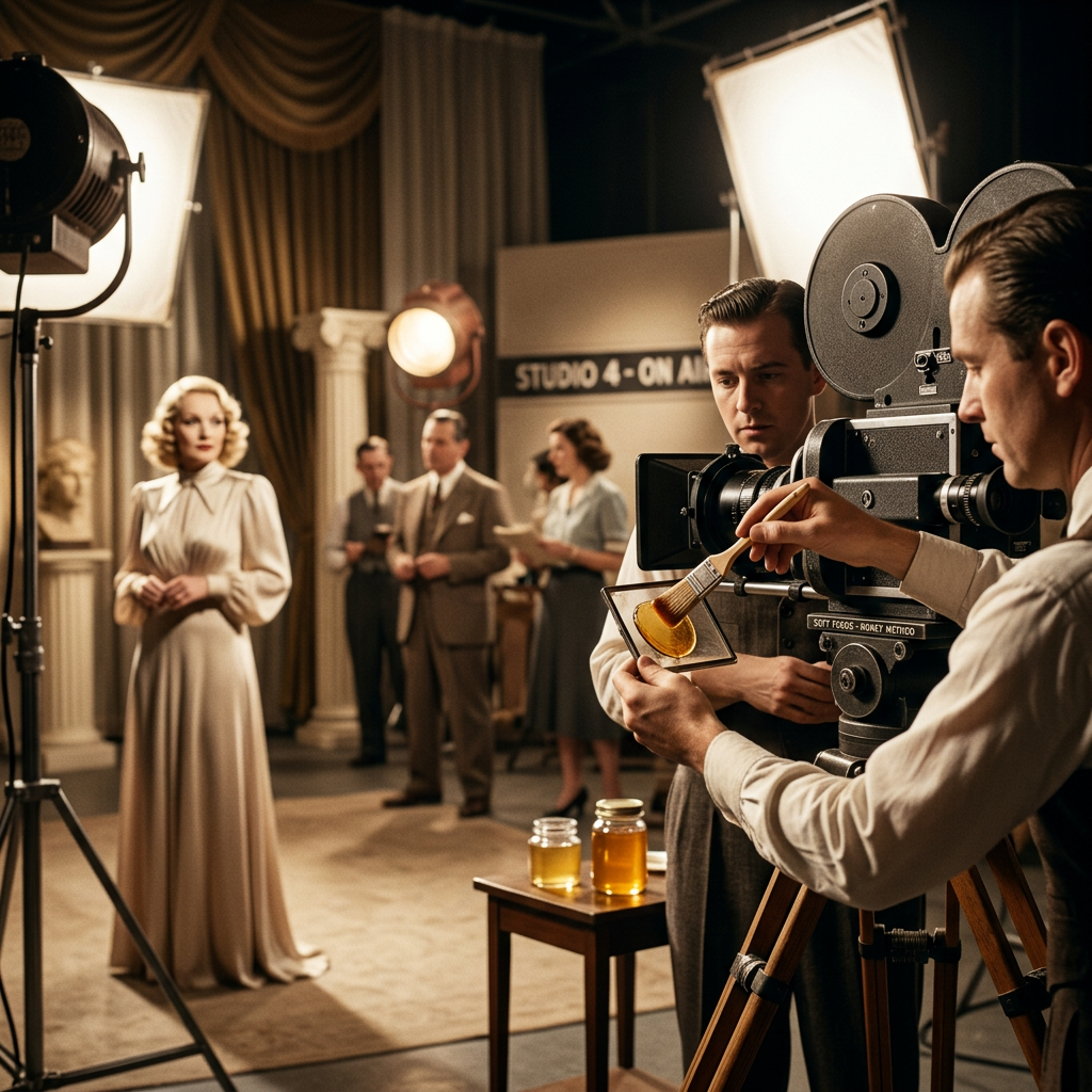 Vintage film set with actors, crew, cameras, and sign reading “STUDIO 4 - ON AIR”