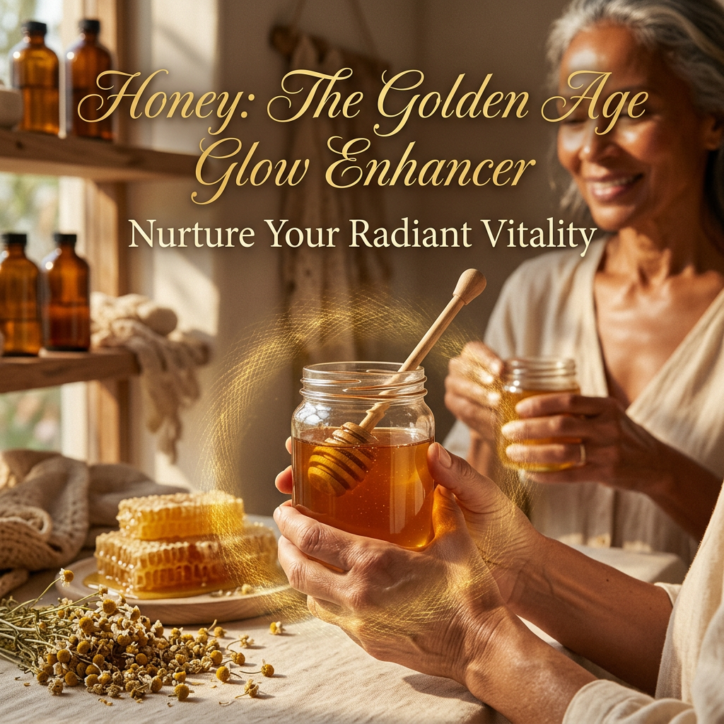 Honey jars, honeycomb, and a woman holding honey beneath wellness text