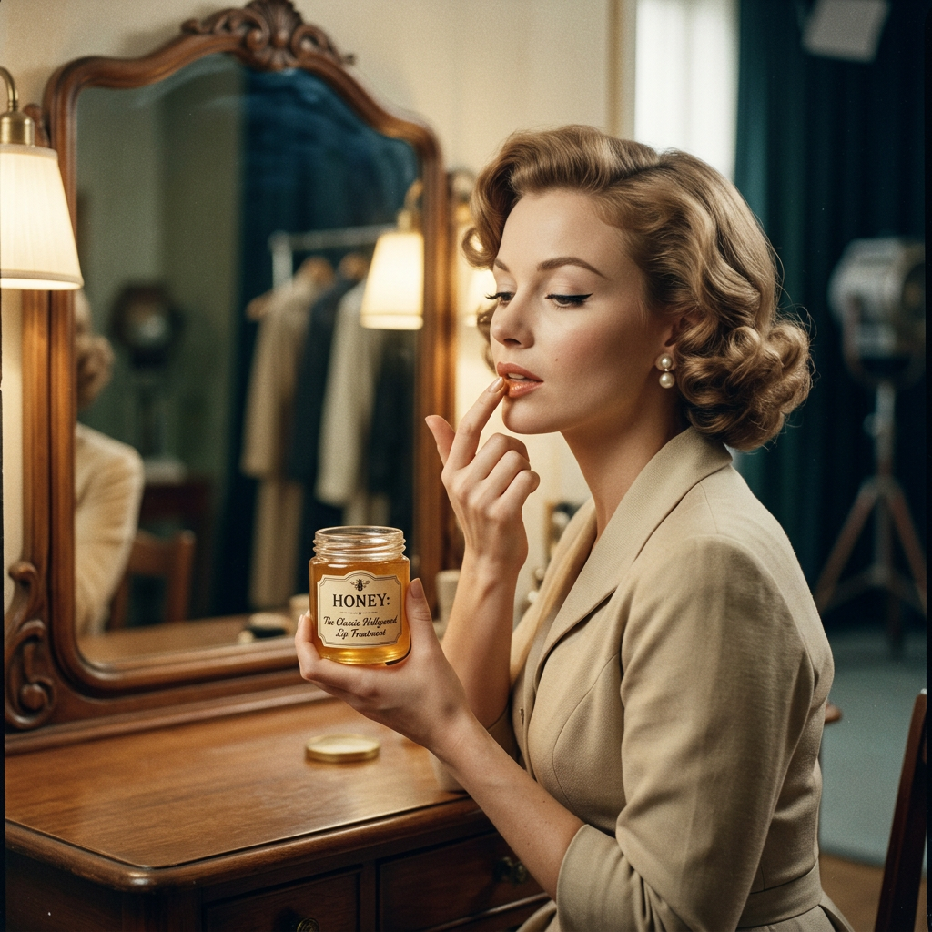 Woman applying honey lip treatment beside a vintage vanity mirror