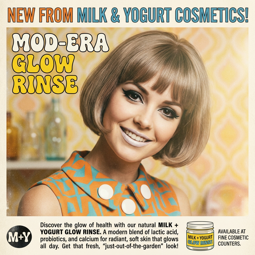 Advertisement text: NEW FROM MILK & YOGURT COSMETICS! MOD-ERA GLOW RINSE. Discover the glow of health with our natural MILK + YOGURT GLOW RINSE. A modern blend of lactic acid, probiotics, and calcium for radiant, soft skin that glows all day. Get that fresh, “just-out-of-the-garden” look! Available at fine cosmetic counters. Shows a smiling woman and a Milk + Yogurt Glow Rinse jar.