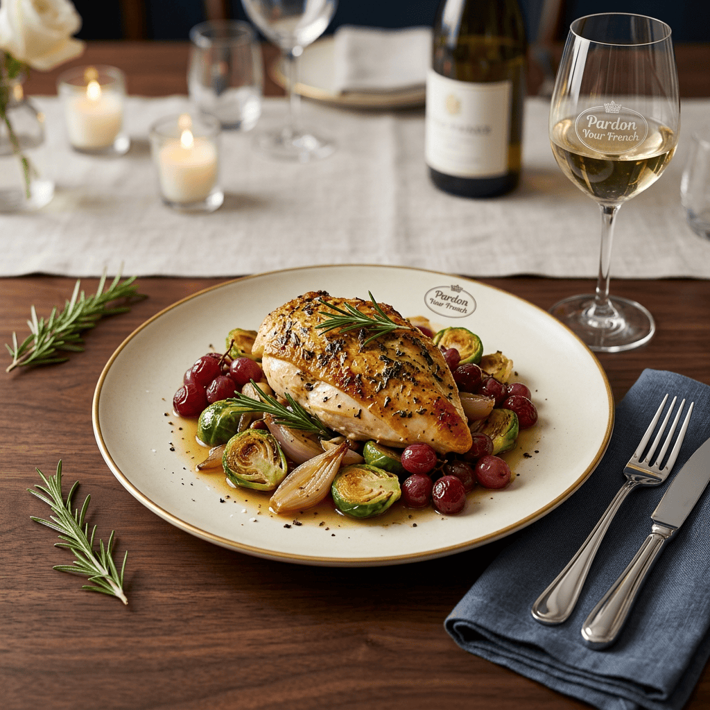 Herb-roasted chicken with grapes and Brussels sprouts beside white wine