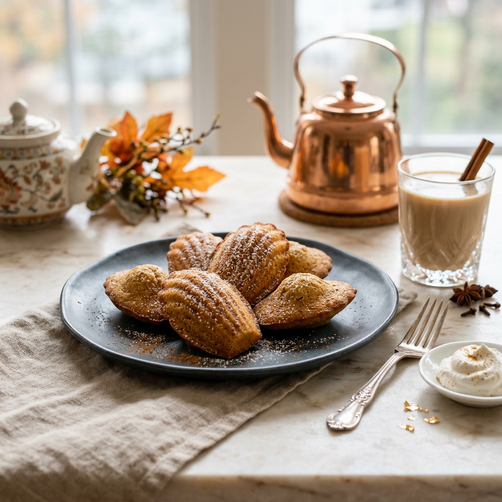 Plate of madeleines beside tea, teapot, autumn leaves, and cream