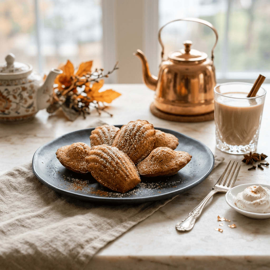 Plate of madeleines beside tea, teapot, autumn leaves, and cream