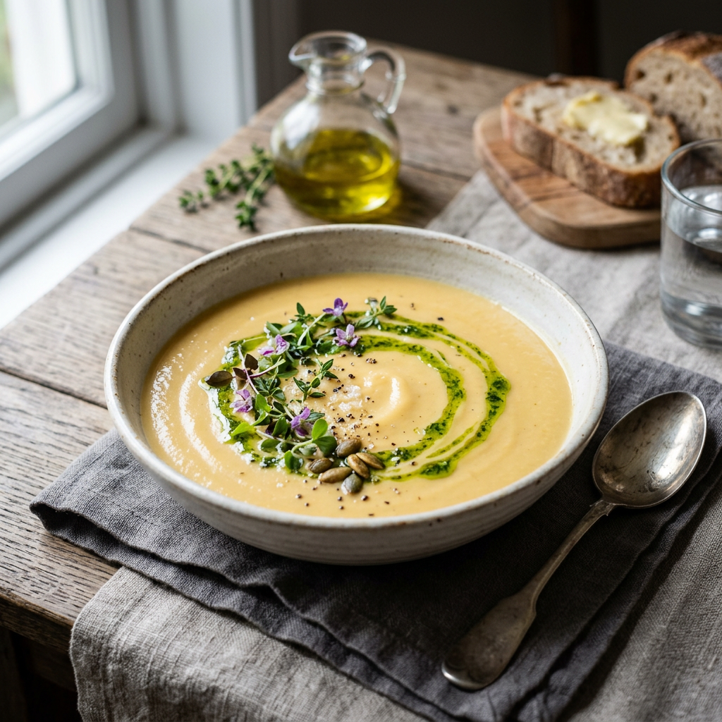Creamy golden soup garnished with herbs, flowers, seeds, and green oil