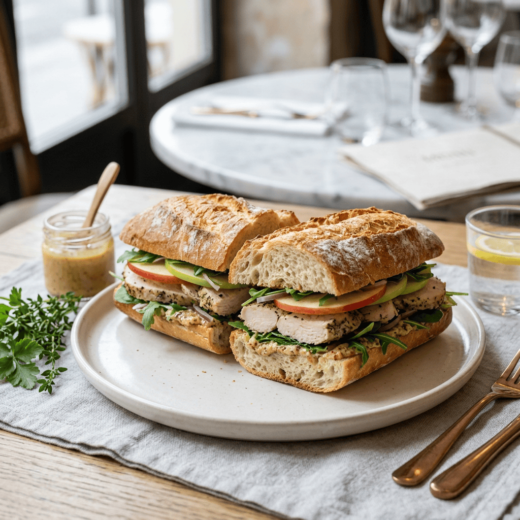 Two rustic chicken sandwiches with apples, greens, and mustard on a plate