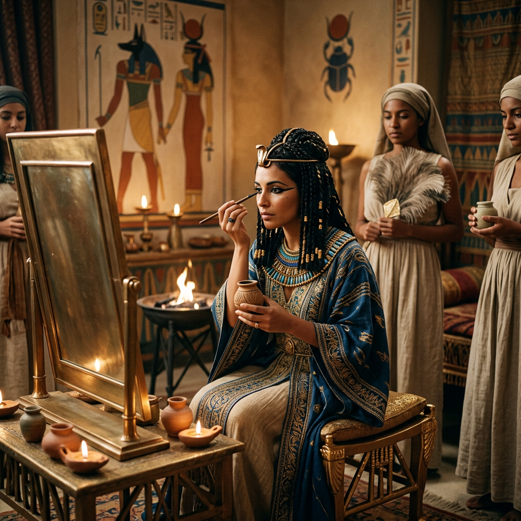 Egyptian queen applying eye makeup before a mirror while attendants stand nearby