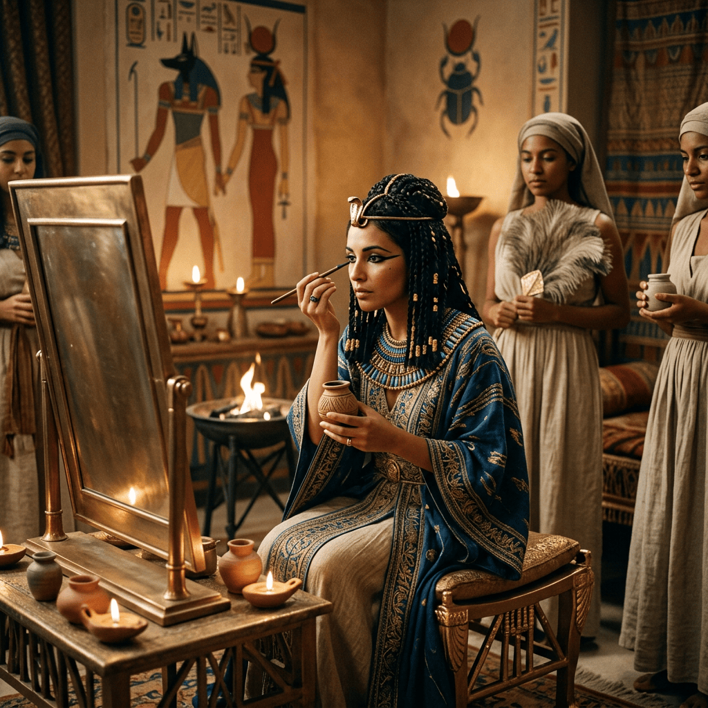 Egyptian queen applying eye makeup before a mirror while attendants stand nearby