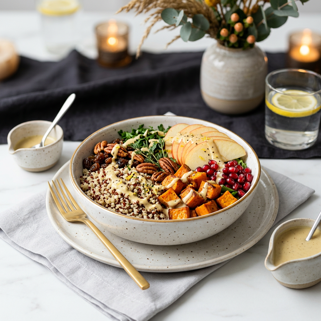 Colorful grain bowl with quinoa, roasted vegetables, fruit, greens, nuts, and dressing