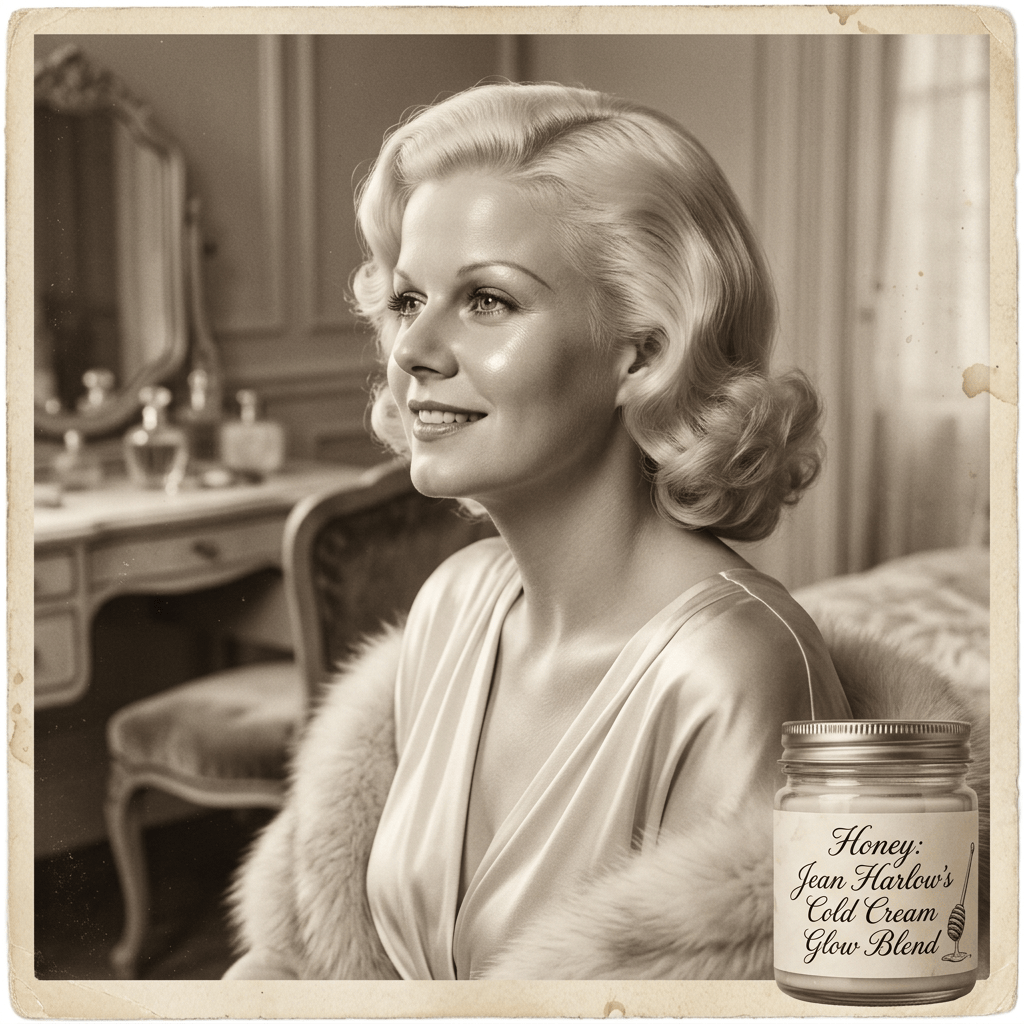 Vintage portrait of woman beside jar labeled Honey: Jean Harlow's Cold Cream Glow Blend