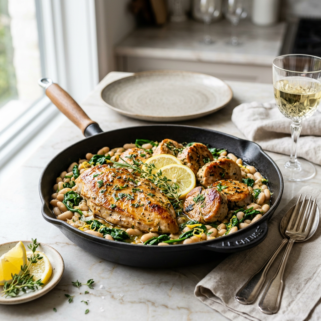 Skillet of herb-crusted chicken with white beans, spinach, and lemon