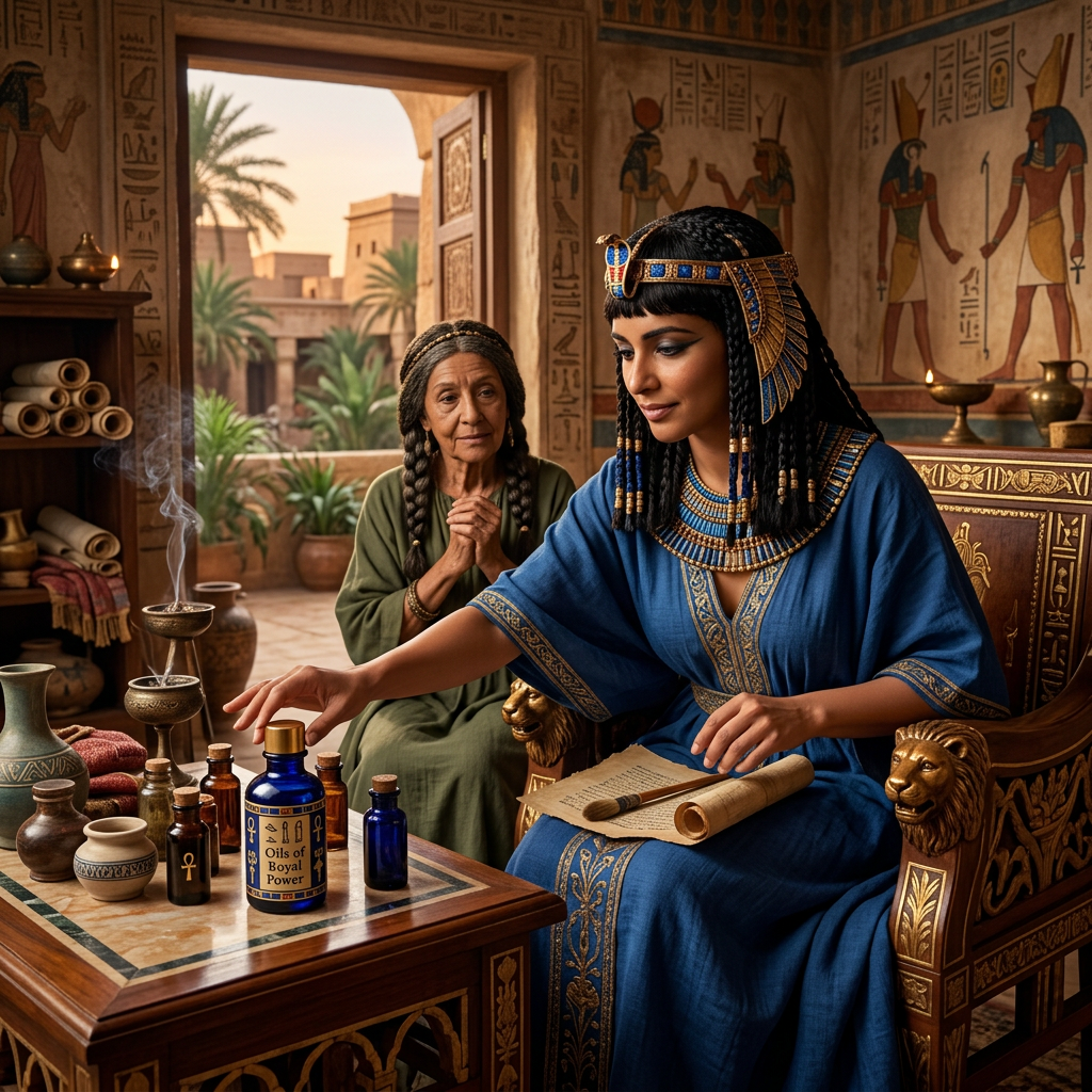 Egyptian healer preparing oils beside an elder in a decorated room