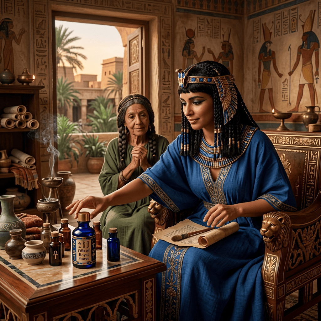 Egyptian healer preparing oils beside an elder in a decorated room