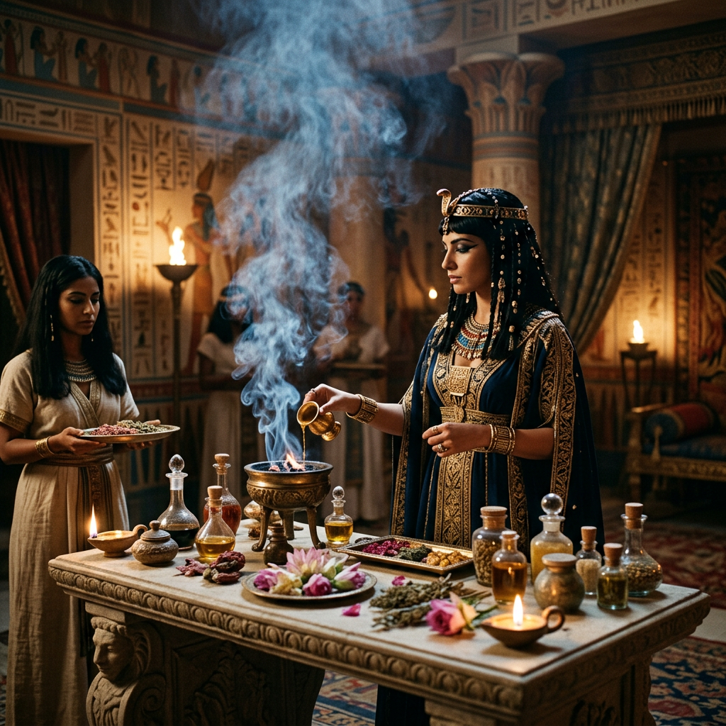 Two women prepare offerings beside a smoking brazier in an Egyptian chamber