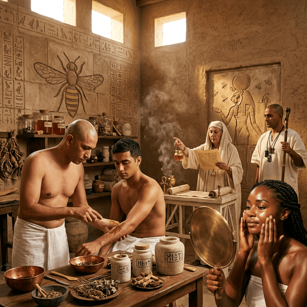 People preparing herbal remedies in an Egyptian-inspired ritual room