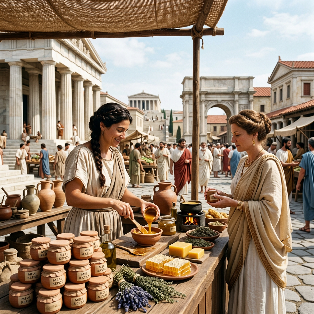 Two women selling honey and herbs in an ancient marketplace