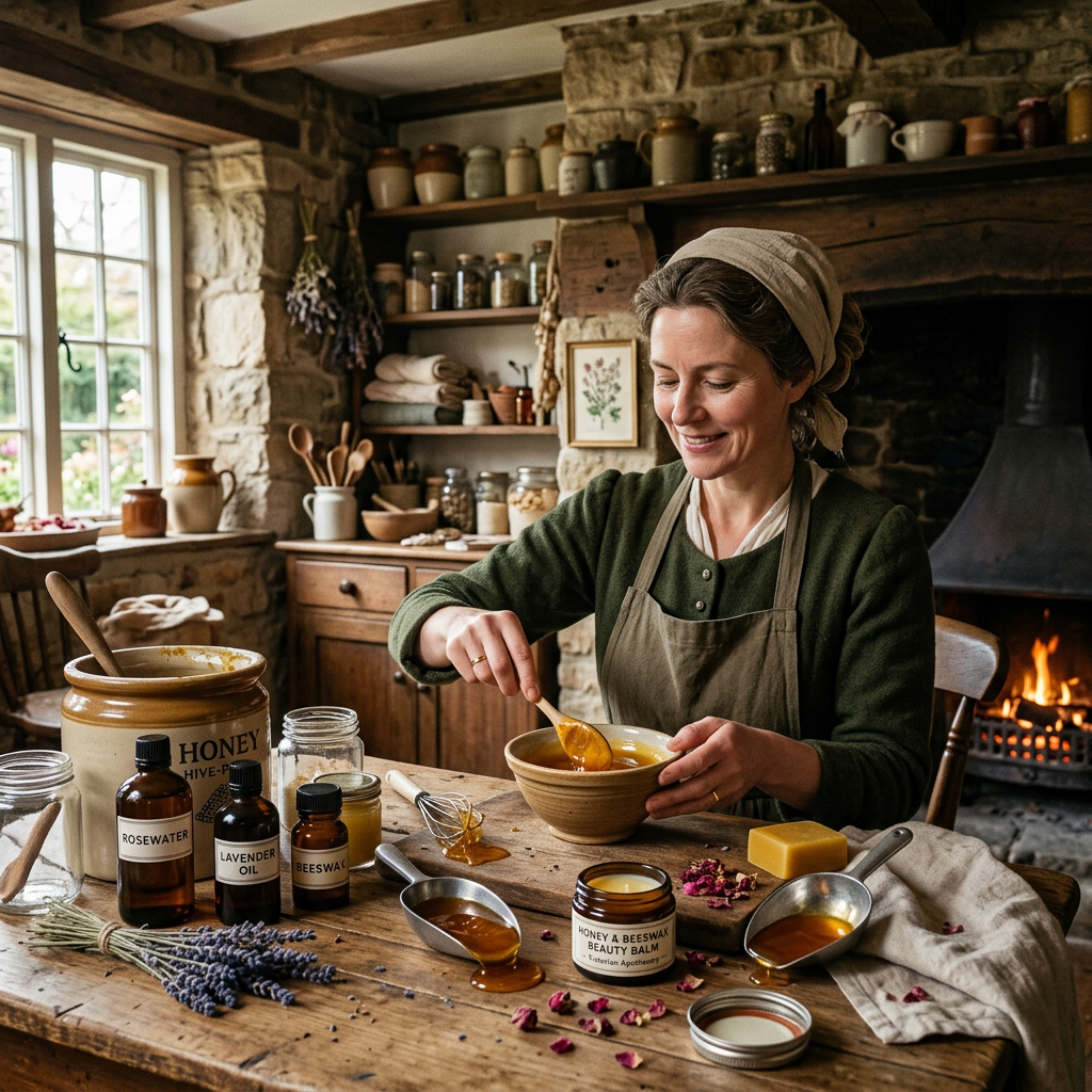 Woman mixing honey beside labeled jars: ROSEWATER, LAVENDER OIL, BEESWAX, and HONEY & BEESWAX BEAUTY BALM.