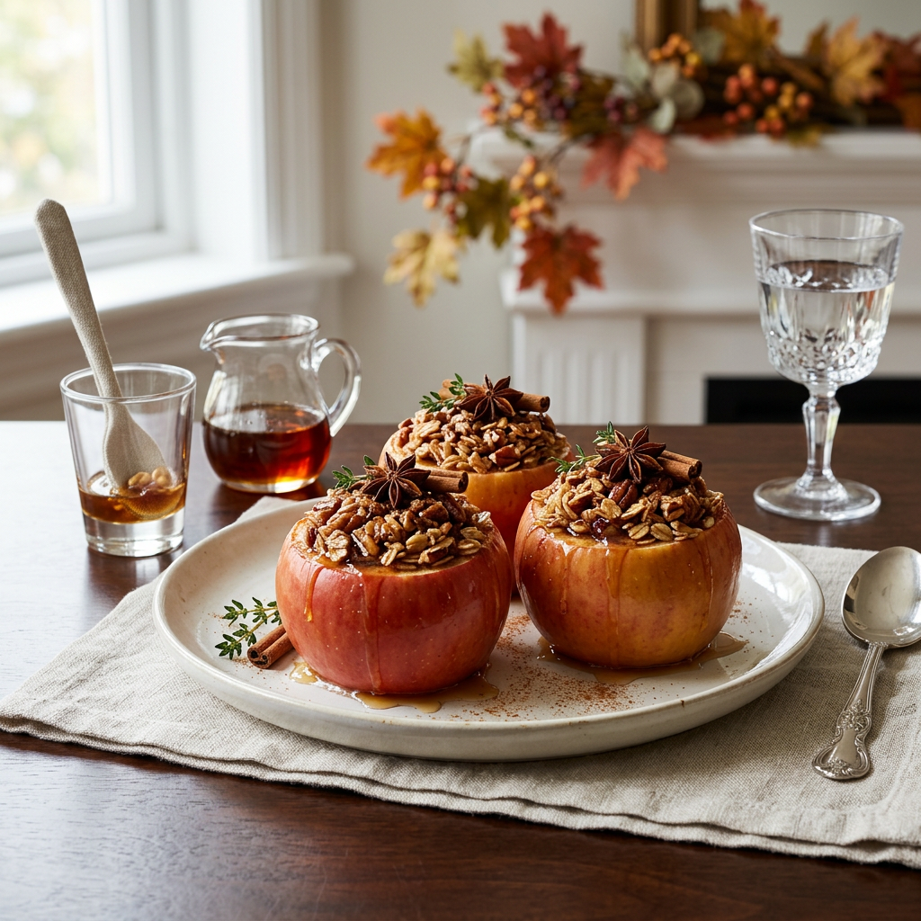 Three baked apples topped with spiced grains on a plate