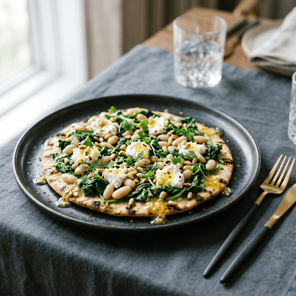 Vegetarian flatbread topped with spinach, beans, pine nuts, and cheese