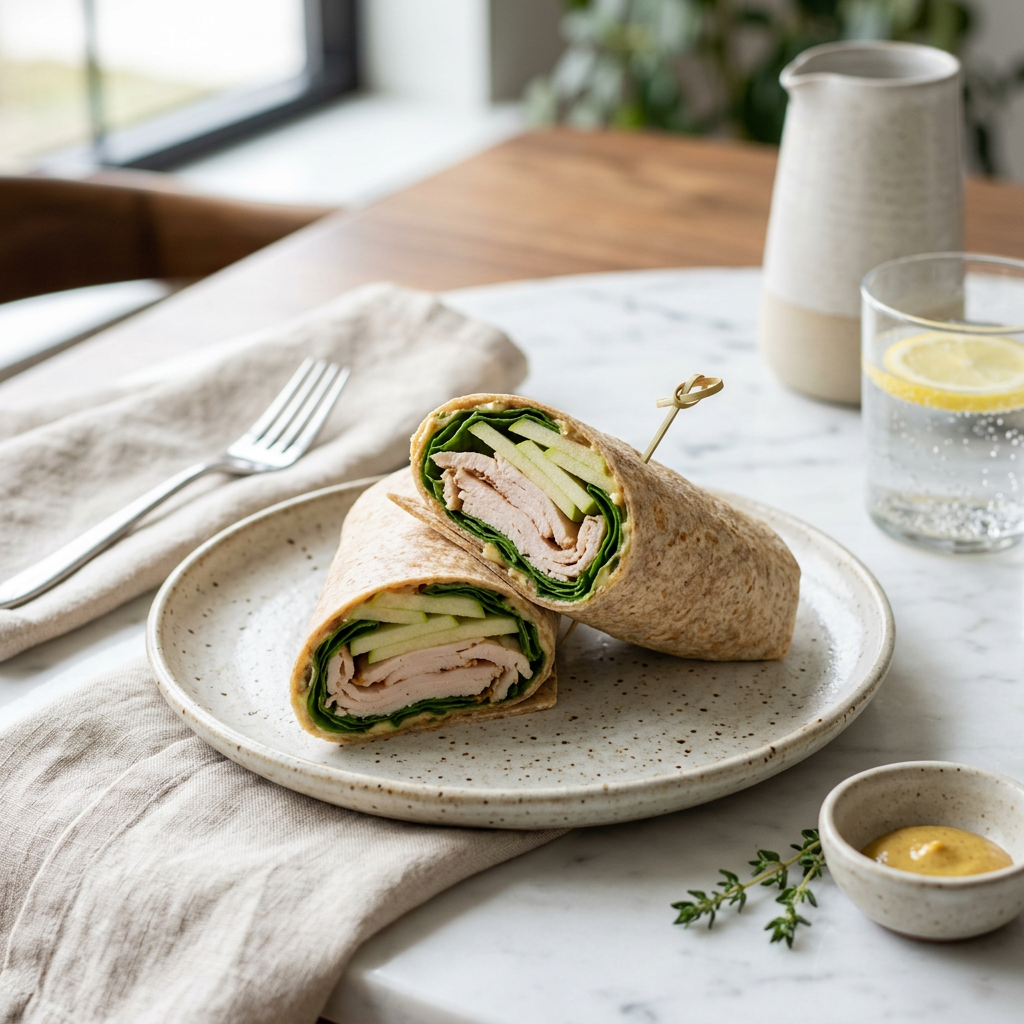 Two sliced turkey wraps with greens and cucumber on a ceramic plate