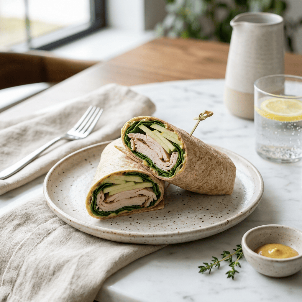 Two sliced turkey wraps with greens and cucumber on a ceramic plate
