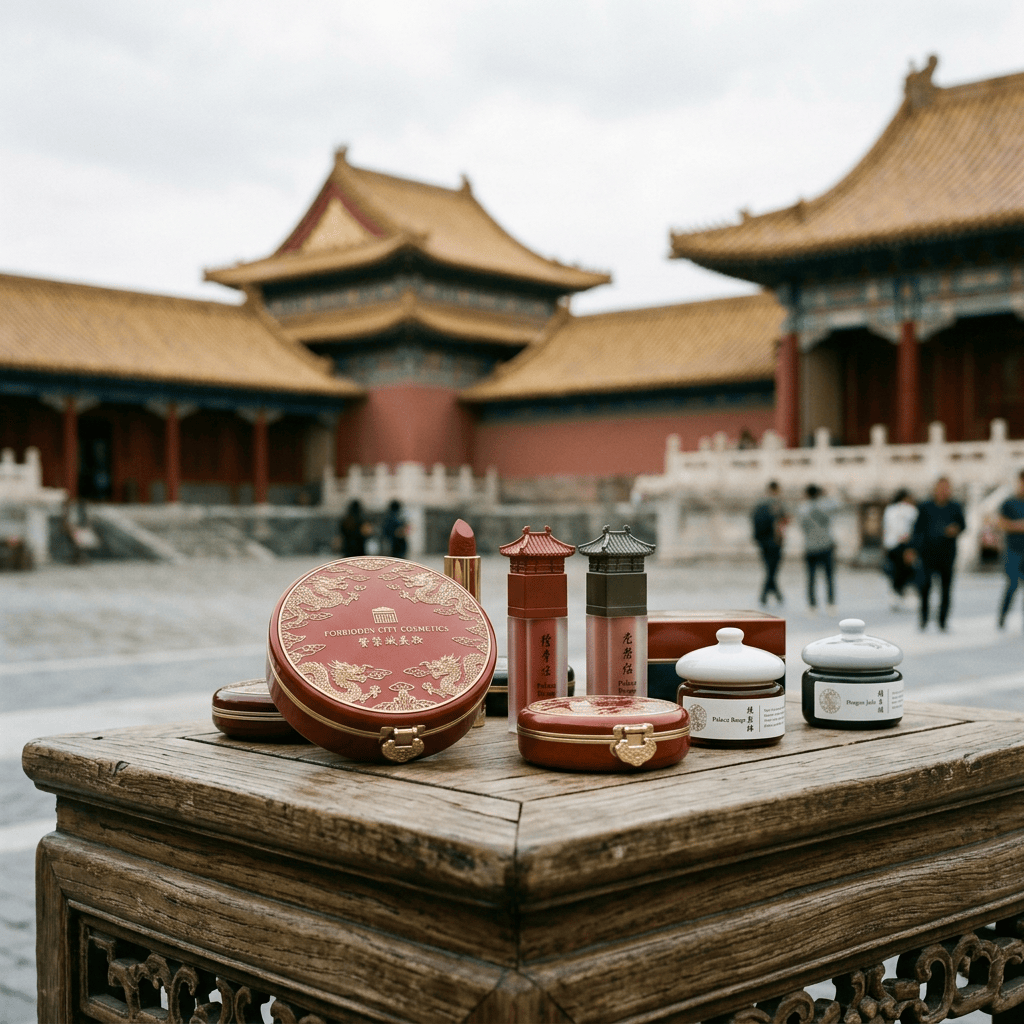 Forbidden City Cosmetics displayed before traditional palace buildings